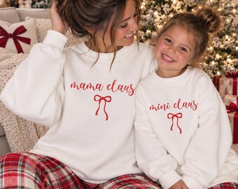 Mama Claus Mini Claus PNG Bundle, Matching Red Coquette Bow Christmas Designs, Mom and Mini Holiday Digital Download