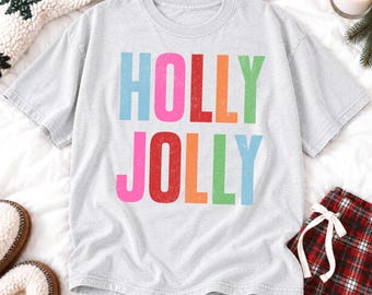 Holly Jolly Christmas PNG, Colorful Festive Holiday Text Design, Distressed PNG, Digital Download for Personal or Commercial Use