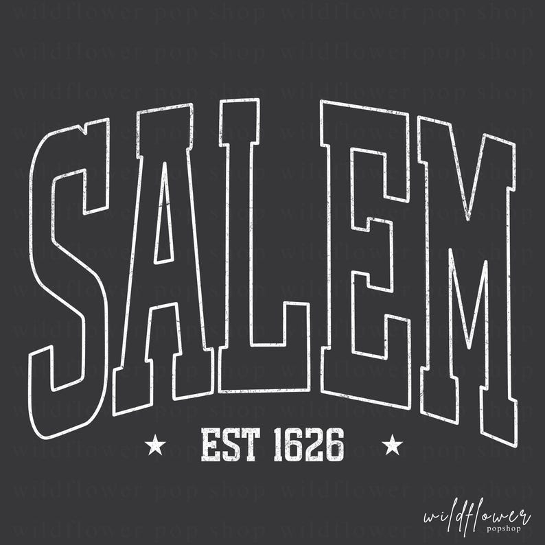 May include: A graphic design featuring the word SALEM in a large, white, outlined collegiate-style font arched across the center. Below the text, the phrase EST 1626 is centered between two small white stars, all set against a dark gray background.