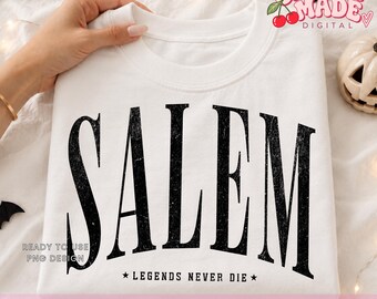 Salem PNG | Distressed Retro Vintage Halloween Text | Spooky Witch Town Digital Download | Gothic Legends Never Die Salem Witch Design