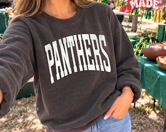 May include: A charcoal gray crewneck sweatshirt featuring the word PANTHERS printed in a large, white, distressed collegiate-style font across the chest. The long-sleeved garment has a ribbed neckline, cuffs, and hem, with a relaxed fit.