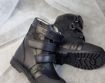 Kids Orthopedic Black Boots | Leather Winter Shoes with Arch Support | EU Sizes 20–40