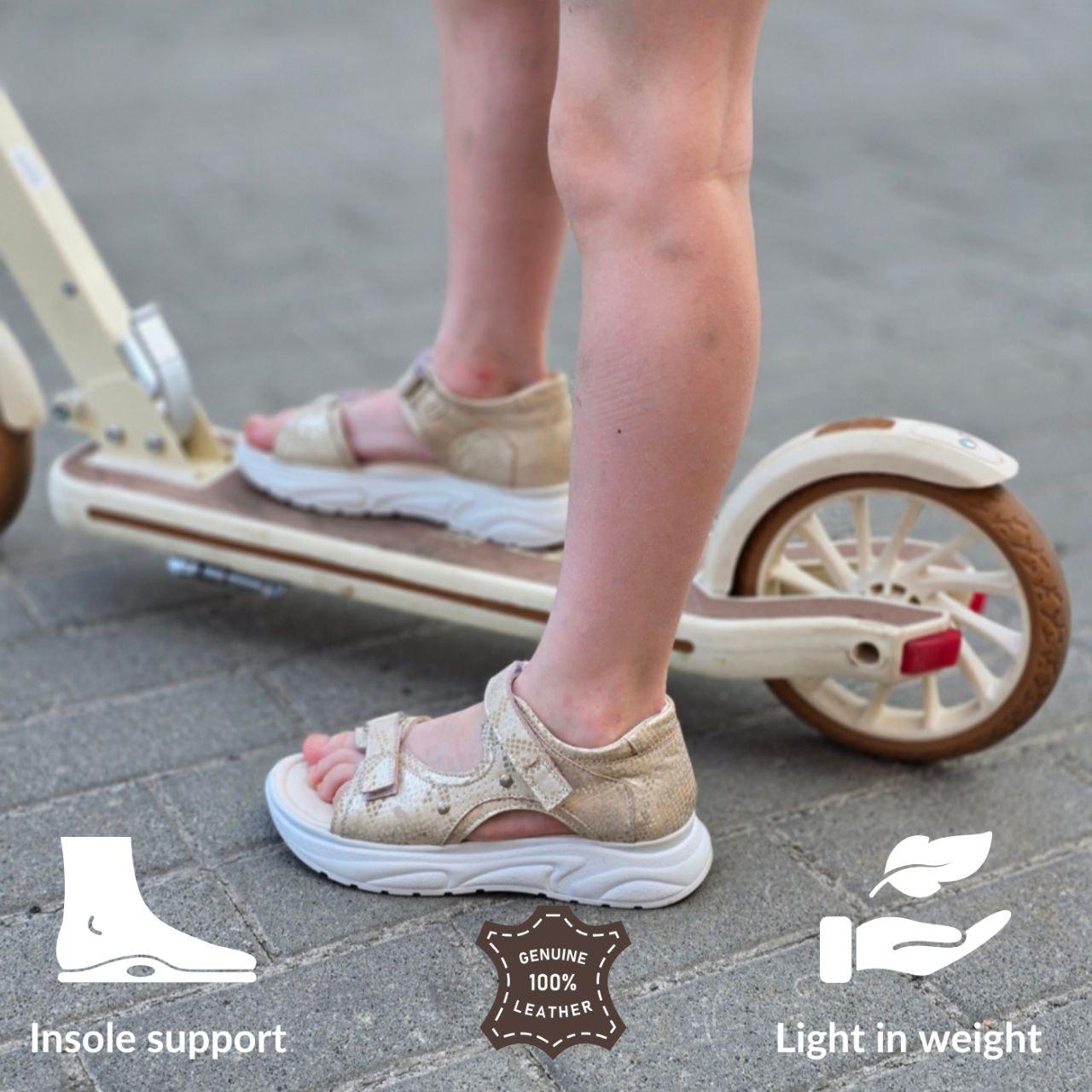 Gold Leather Kids Sandals, Orthopedic Arch Support Children Sandals, Closed Heel Summer Shoes EU 26-36