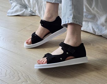 Handmade Black Leather Orthopedic Sandals: Arch Support Summer Shoes EU 36, 37, 38, 39