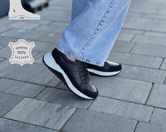 Handmade Women’s Leather Sneakers – Black Orthopedic Shoes with Arch Support Insole | Comfortable & Stylish