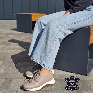 Handmade Women’s Leather Sneakers – Beige Orthopedic Shoes with Arch Support Insole | Comfortable & Stylish