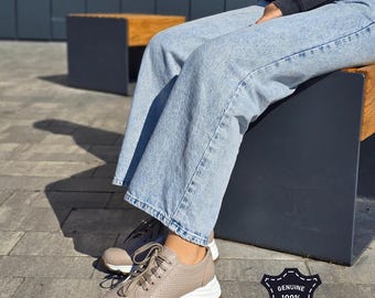 Handmade Women’s Leather Sneakers – Beige Orthopedic Shoes with Arch Support Insole | Comfortable & Stylish