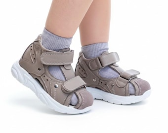 Beige Kids Sandals, Orthopedic Leather Boy's Sandals, Arch Support Closed Heel Summer Shoes EU 21–36