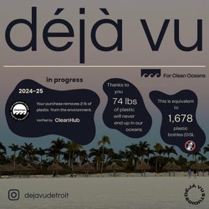 Pu&ograve; includere: Una grafica con il testo "d&eacute;j&agrave; vu" in nero su uno sfondo grigio chiaro. La grafica include anche una scena di spiaggia con palme e una spiaggia di sabbia bianca. Il testo "in corso" &egrave; in nero su uno sfondo blu scuro. Il testo "2024-25" &egrave; in bianco su uno sfondo blu scuro. Il testo "Grazie a te" &egrave; in nero su uno sfondo blu chiaro. Il testo "74 libbre di plastica non finiranno mai nei nostri oceani" &egrave; in nero su uno sfondo blu chiaro. Il testo "Questo equivale a 1.678 bottiglie di plastica (0,5 L)" &egrave; in nero su uno sfondo blu chiaro. Il testo "Per oceani puliti" &egrave; in nero su uno sfondo bianco. Il testo "Il tuo acquisto rimuove 2 libbre di plastica dall'ambiente." &egrave; in nero su uno sfondo blu scuro. Il testo "Verificato da CleanHub" &egrave; in nero su uno sfondo blu scuro. Il testo "CleanHub" &egrave; in bianco su uno sfondo blu scuro. Il testo "dejavudetroit" &egrave; in nero su uno sfondo bianco. Il testo "d&eacute;j&agrave; vu studios" &egrave; in nero su uno sfondo bianco.