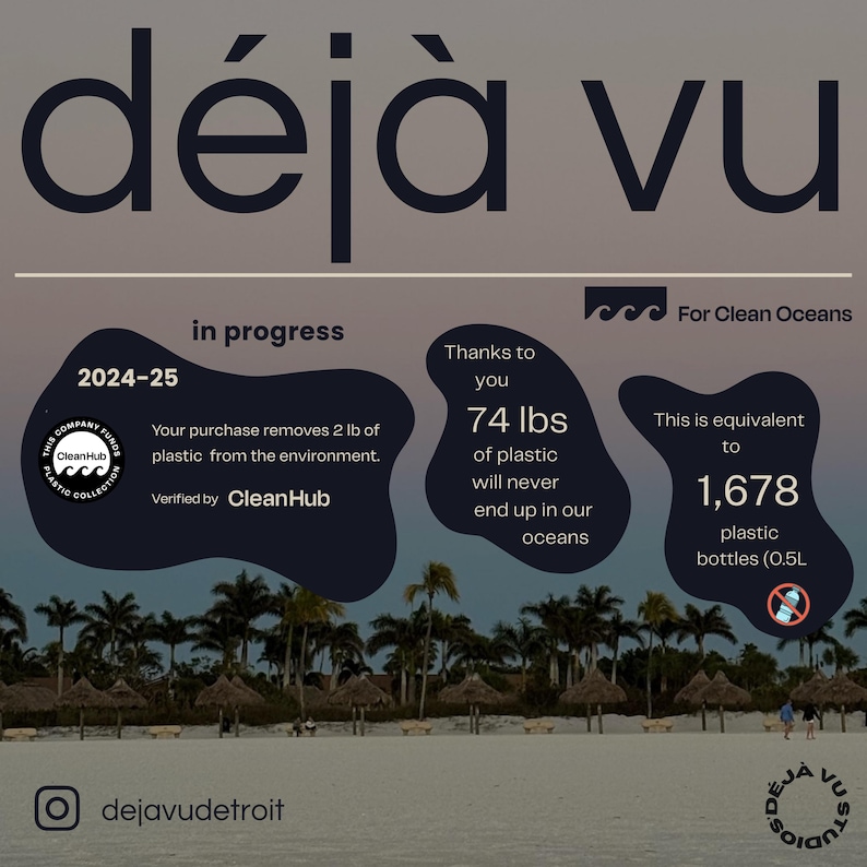 May include: A graphic with the text "d&eacute;j&agrave; vu" in black text on a light gray background. The graphic also includes the text "in progress" and "2024-25" in white text on a black background. The graphic also includes the text "Thanks to you" and "74 lbs of plastic will never end up in our oceans" in white text on a light gray background. The graphic also includes the text "This is equivalent to 1,678 plastic bottles (0.5L)" in white text on a light gray background. The graphic also includes a beach scene with palm trees and a beach.