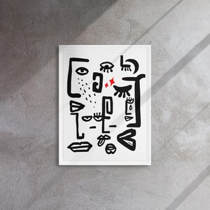May include: Black and white abstract art print with a white background and black line drawings of faces, eyes, and lips. Two red stars are in the center of the print.