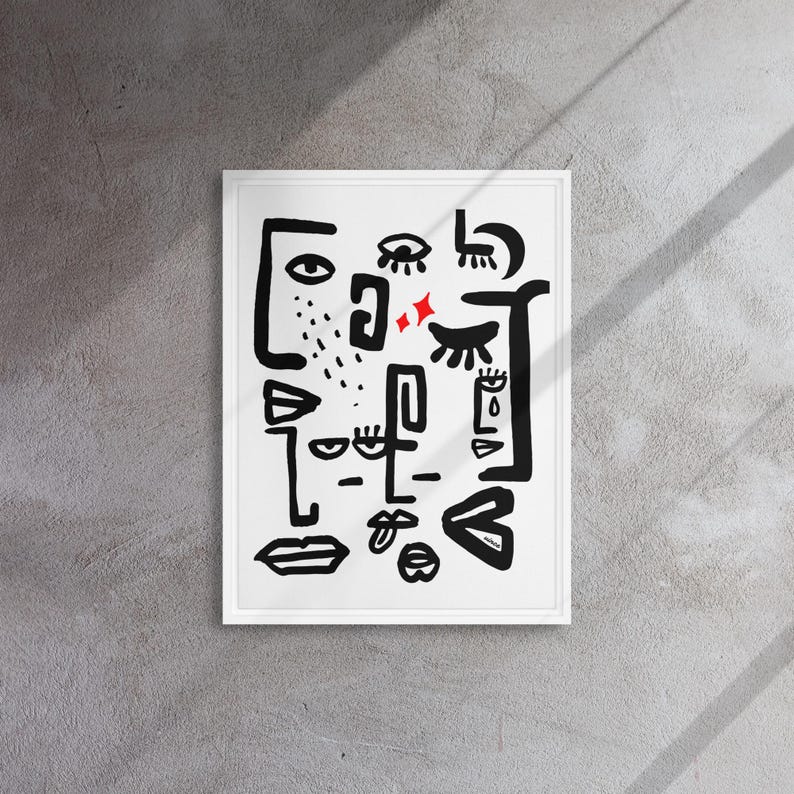 May include: Black and white abstract art print with a white background and black line drawings of faces, eyes, and lips. Two red stars are in the center of the print.