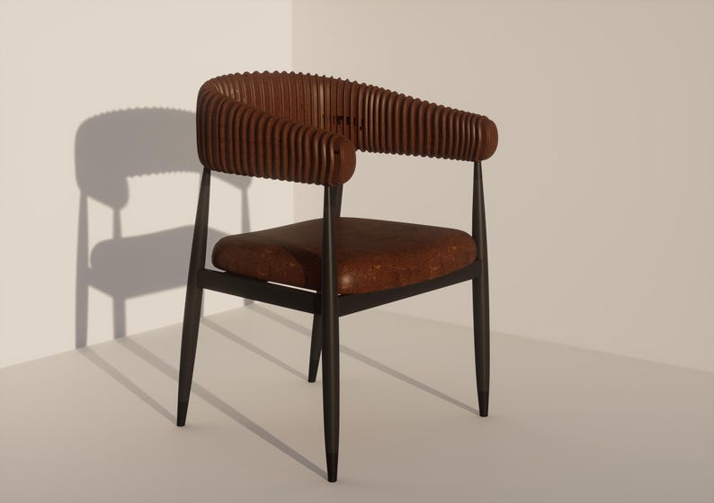 May include: A modern armchair with a dark brown leather seat and backrest. The armrests are made of ribbed, dark brown wood. The chair has a black metal frame and legs. The design is minimalist and stylish.