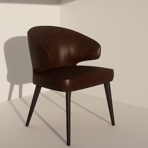 Puede incluir: Una silla de cuero marrón con respaldo y asiento curvos, sostenida por cuatro patas de madera oscura. La silla tiene un diseño moderno y está sobre un fondo neutro.