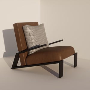 Puede incluir: Sillón moderno de cuero marrón con estructura de metal negro. La silla presenta respaldo y reposabrazos cuadrados, y un cojín estampado. El diseño es minimalista y contemporáneo, adecuado para un salón o una oficina.
