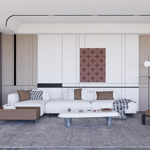 Puede incluir: Un salón moderno con un sofá esquinero blanco, una mesa de centro y un sillón marrón. La habitación cuenta con una gran ventana con vistas a la ciudad, una alfombra estampada y un panel decorativo en la pared. La combinación de colores es neutra con acentos marrones y blancos.