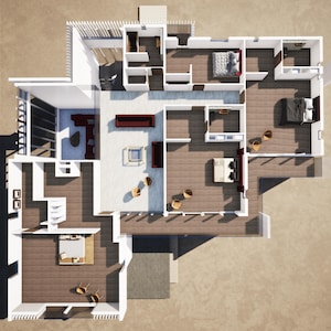 May include: Top-down view of a modern house floor plan. The layout features multiple rooms, including bedrooms, living areas, and a kitchen, with wooden floors and white walls. Furnishings like sofas, beds, and chairs are visible, along with outdoor decks.
