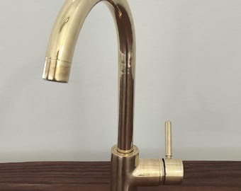 Handmade Unlacquered Brass Kitchen Faucet, Single Hole, Living Finish