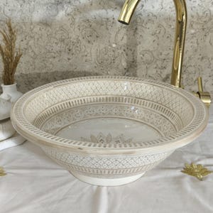 Beige Moroccan Ceramic Sink – Hand Painted Neutral Vessel Sink – Artisan Bathroom Basin – Minimalist Boho Vanity Sink – Round Wash Bowl
