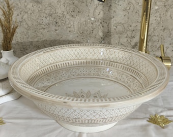 Lavabo de cerámica marroquí beige – Lavabo de sobreponer neutro pintado a mano – Lavabo de baño artesanal – Lavabo de tocador bohemio minimalista – Lavabo redondo