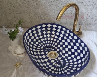 Handmade Moroccan Blue & White Ceramic Vessel Sink – Oval Bathroom Sink, Hand Painted Wash Basin, Artisan Vanity Sink, Luxury Bathroom Decor