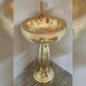 Hand-Engraved Moroccan Brass Pedestal Sink with Double-Handle Faucet – Luxury Vessel Sink for Bathroom & Vanity - Engraved Brass sink - sink