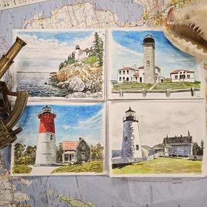 Pintados à mão, feitos sob encomenda, originais, conjunto de quatro, com tema de farol da Nova Inglaterra, aquarela e caneta e tinta, cartões de papelaria
