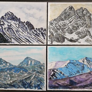 Pintadas a mano, hechas a pedido, originales, juego de 4, tarjetas de papelería en blanco con temática de Colorado 14er