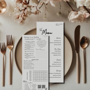"Hochzeits-Aktivität-Menü-Spiel Blatt für den Empfang Hochzeit Tischspiele Eisbrecher Vorlage Minimalistisches Hochzeitsdekor-Programm DIY Druckbare Spiele