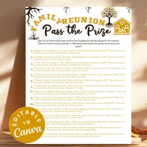 Family Reunion Pass the Prize Game Sheet Printable Fun Family Trivia Activity, Family Reunion Icebreaker Event Gatherings, Gift Exchange DIY