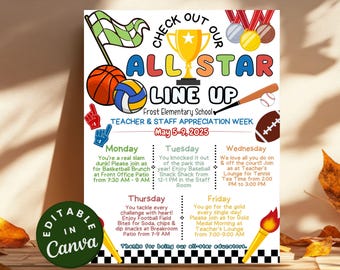 All Star Teacher Appreciation Week Editable Template Printable Sports Theme Itinerary Sports Vip All Star Parent Newsletter Flyer Events DIY