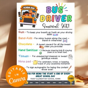 Trousse de survie pour chauffeur de bus Étiquette cadeau imprimable, Carte de remerciement modifiable, Cadeau de remerciement pour les chauffeurs d'école, Cartes-cadeaux de remerciement pour le personnel scolaire