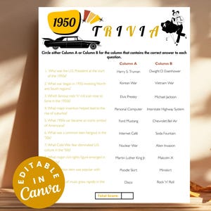 Born in 1950 Trivia Game Sheet 75th Birthday Trivia Games Printable Anniversary Party Activities, Instant Download Fun Family Reunion Party