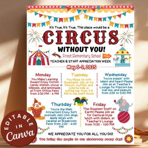 Teacher Appreciation Week Circusthema bewerkbare reisrouteposter, leuk evenementenschema, afdrukbare carnavalsflyer waardering leraar en personeel