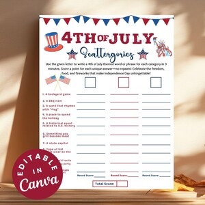 Juego de Scattegories del 4 de julio, Tarjeta imprimible con actividades divertidas para fiestas, Diversión en reuniones familiares, Juegos de trivia estadounidenses, Juego de la Independencia del 4 de julio