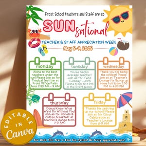 Sun-sational Teacher Appreciation Week-route bewerkbaar strandthema Afdrukbaar evenementenschema Personeelswaarderingsflyer Sunsational-kaart