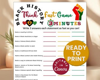 Black History Month Think Fast Game Black History Month Trivia Game Sheet Printable Black History School Game Fun Kids Game African American