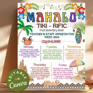 Hawaiian Luau Teacher Appreciation Schedule Hawaii, Editable Itinerary Template for Tropical Events, Printable Mahalo Flyer Beach Poster diy