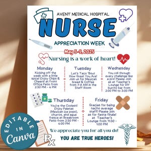 Nurse Appreciation Week Itinerary Editable Nurse Flyer for Hospital Staff Events, Schedule of Activities Heart Medical National Nurses Week