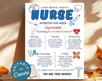 Nurse Appreciation Week Itinerary Editable Nurse Flyer for Hospital Staff Events, Schedule of Activities Heart Medical National Nurses Week