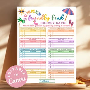 Summer Feud Game Sheet Fun Printable Family Trivia Game, Summer Friendly Feud Activities for Kids & Adults, Family Feud Office Summer Games