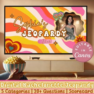 Groovy Bachelorette Trivia Jeopardy Presentation, Editable Bachelorette Canva Game Fun Trivia for Bridal Party Perfect for Bridal Shower PPT
