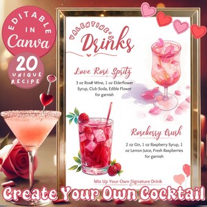 Romantico cartello per drink di San Valentino, modello di menu per cocktail bar stampabile, modello Canva, cartello per festa di San Valentino fai da te, ricetta per le feste
