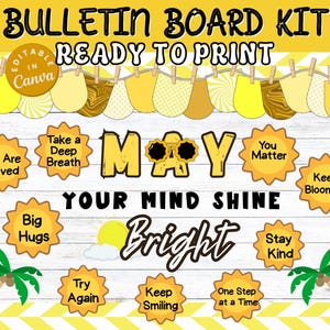 Bulletin Board Kit geestelijke gezondheid mei, afdrukbaar prikbord eindejaar, Bulletin Kit Summer Kindness, Bulletin Kits testen, motiverende bulletinkits testen