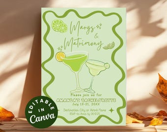 Margs und Matrimony Bachelorette Party Reiseplan Canva-Vorlage, Margarita Girls Reiseplan, bearbeitbare Tequila Bachelorette Final Fiesta