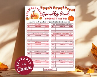Thanksgiving Friendly Feud Game Sheet, Friendsgiving Game Night Feud, Thanksgiving Family Game Trivia,  Printable Thanksgiving Office Feud
