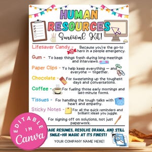 Kit de sobrevivência de recursos humanos, etiquetas de presente editáveis para administradores, ideias divertidas para presentes de agradecimento ao trabalho, etiquetas de bolsa para funcionários com itens essenciais para gerentes de RH