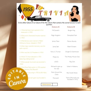 Born in 1955 Trivia Game Sheet 70th Birthday Games Fun Printable Activities, 1955 Birthday Quiz for All Ages Family Reunion Trivia Quiz Game