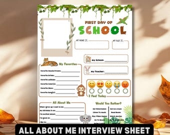 Jungle All About Me Interview Sheet Safari Back to School Printable Kids First Day of School Wild Student Questionnaire Favorite Things PDF