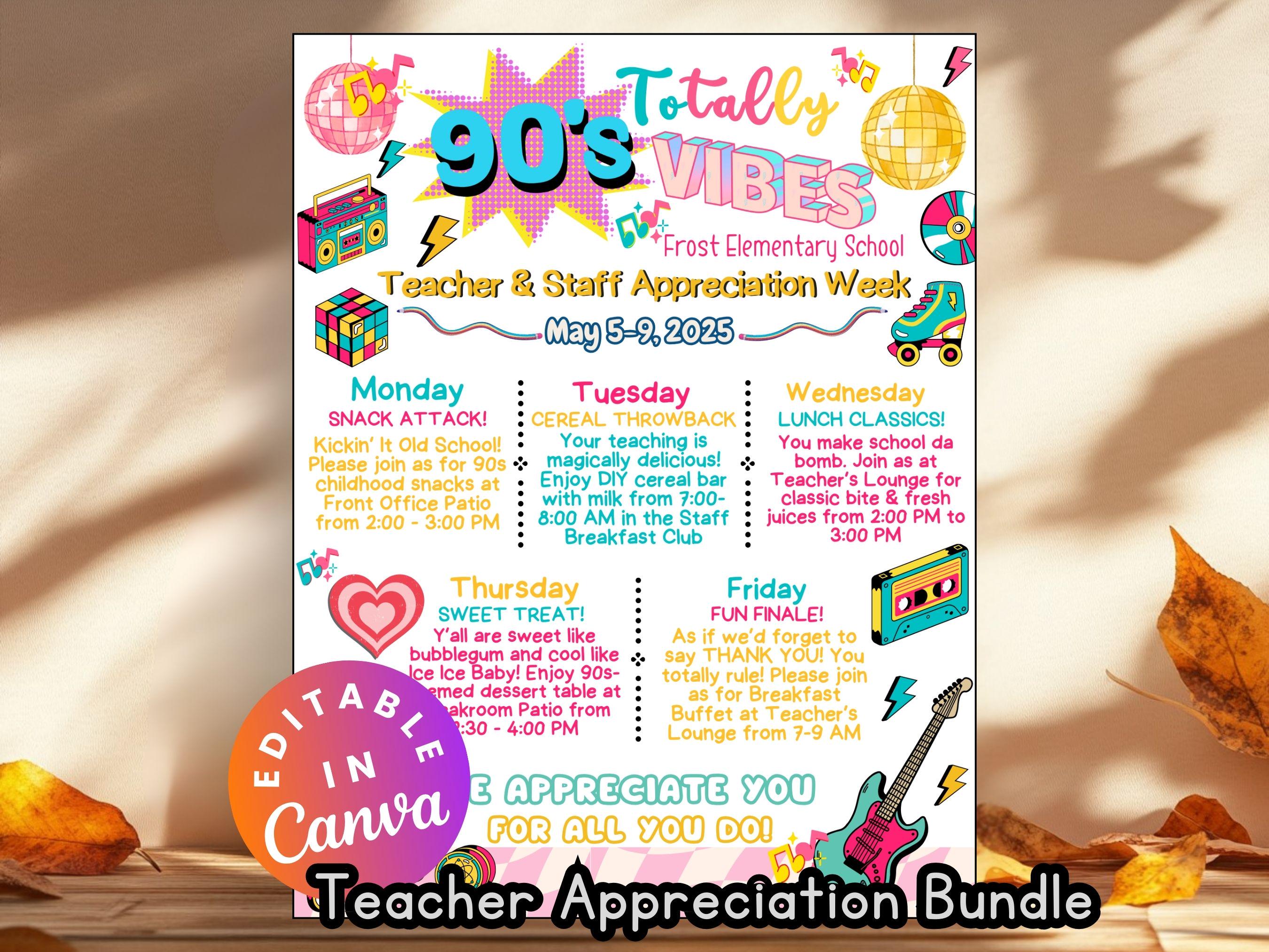90s Retro Theme Teacher Appreciation Week Itinerary Printable Food ...